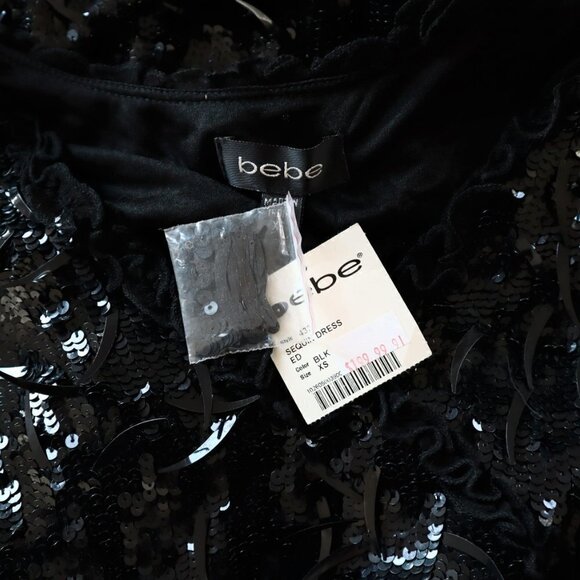 Bebe Black Sequin Stretch Ruffle Trim Bodycon Holiday Party Dress NWT NEW XS - Picture 5 of 5
